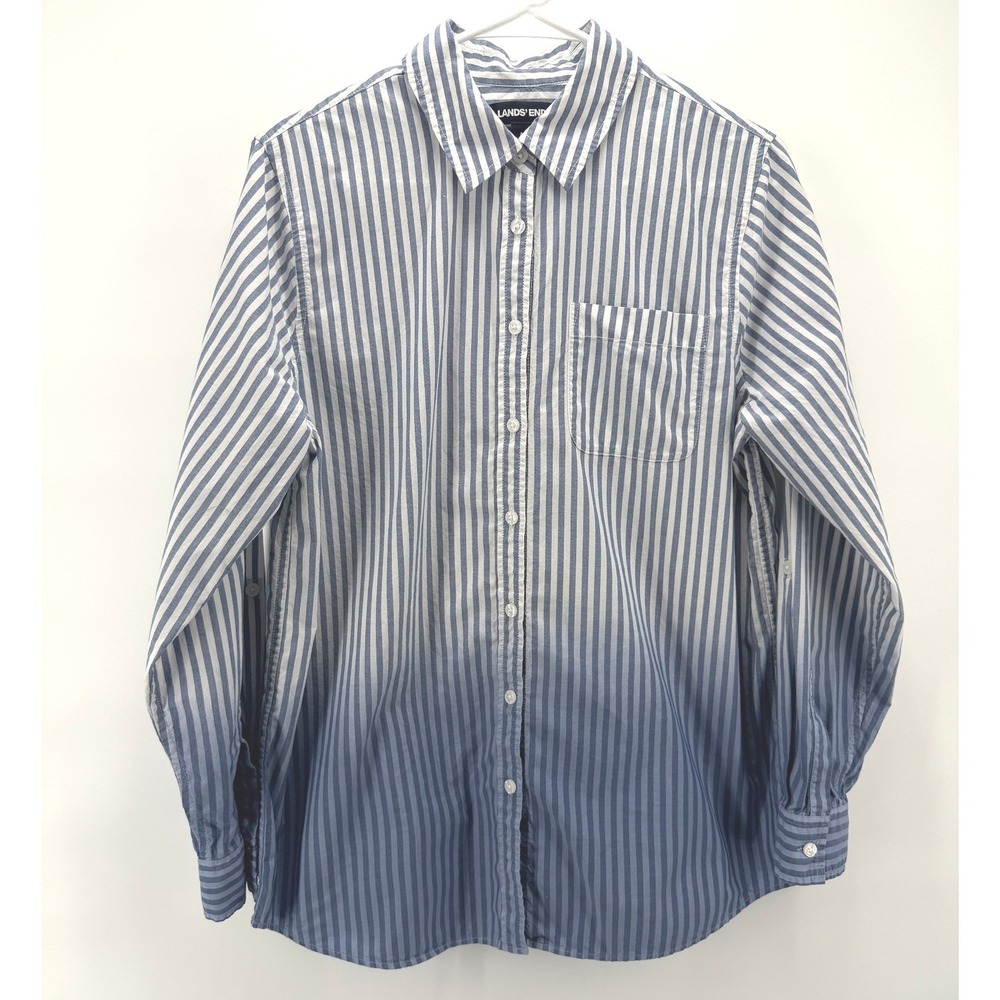 Lands End Blue Ombre Striped Shirt Women M 10/12 Roll Tab Cotton Preppy Nautical